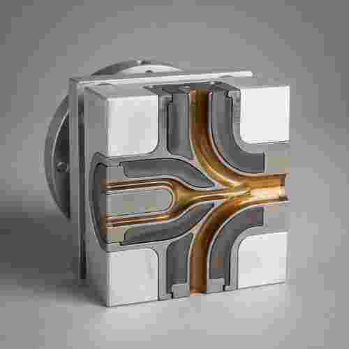 fotorealistisches 1:1-Quadrat: Extrusionswerkzeug-Montage mit Schnittkanälen und Materialfluss.