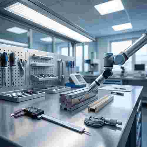 Fotorealistisches Labor für Extrusionswerkzeuge, saubere Arbeitsfläche und Messwerkzeuge.