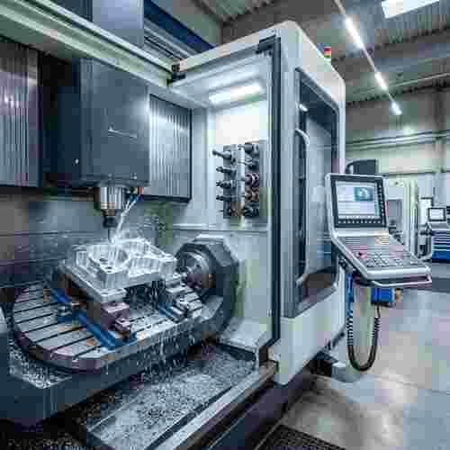 Quadratisches Bild einer modernen 5-Achs-CNC-Fräse in der Werkstatt; Späne sichtbar.