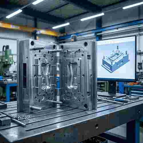 Modernes Spritzgießwerkzeug in Industrie-Werkstatt, Metallform mit Präzisionsmulden und Stifte