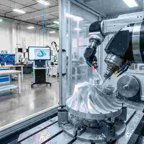 5-Achs CNC-Fräsmaschine in moderner Werkstatt bearbeitet Metallbauteil, Späne sichtbar