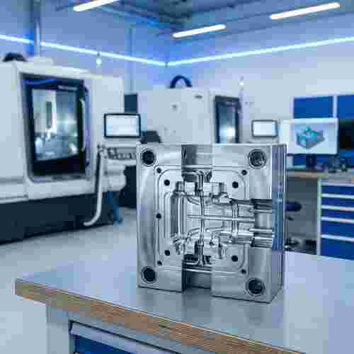 Polierte Stahl-Spritzgussform mit Ausschnitt, Kavitäten und Kühlkanälen, Werkstattumgebung.