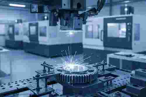 Nahaufnahme eines Draht-EDM-Bearbeitungsprozesses mit Funkenflug in moderner Fabrik.