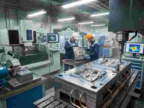 Spritzgießformen-Werkstatt: CNC/Drehen/Schleifen/EDM an Stahlformen; Techniker prüfen