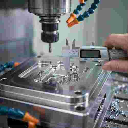 Präzisions-Werkzeugform in CNC-Bearbeitung, Messschieber prüft engen Spalt.