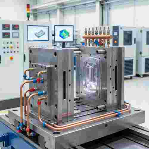 Quadratisches fotorealistisches Bild moderner Spritzgießform; geklemmte Hälften, Kavität, Thermoplast.