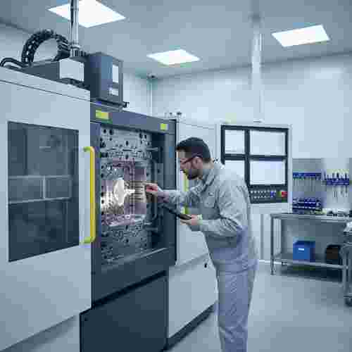 Techniker inspiziert offenes Spritzgießwerkzeug in moderner Spritzgießmaschine; Kühlkanäle sichtbar.