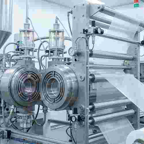 Modernes Folien-Extrusionswerkzeug mit Düsen, Kalibrierungen und Kühlkanälen.