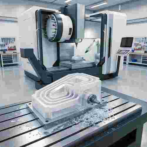 Moderne CNC-Fräsmaschine bearbeitet Kunststoffteil mit komplexer Geometrie und inneren Kanälen.