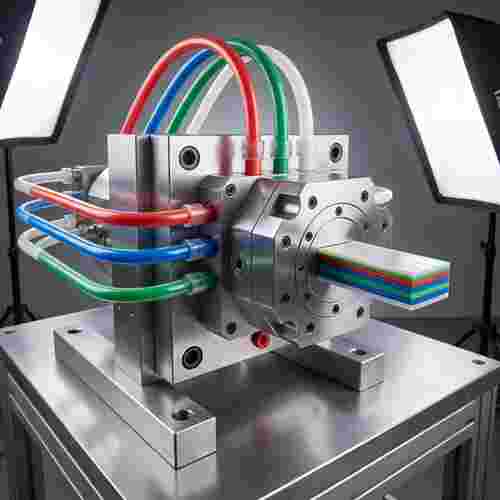 Fotorealistisches Quadratbild: Mehrschichtige Polymerströme verschmelzen zu einem Extrudat.