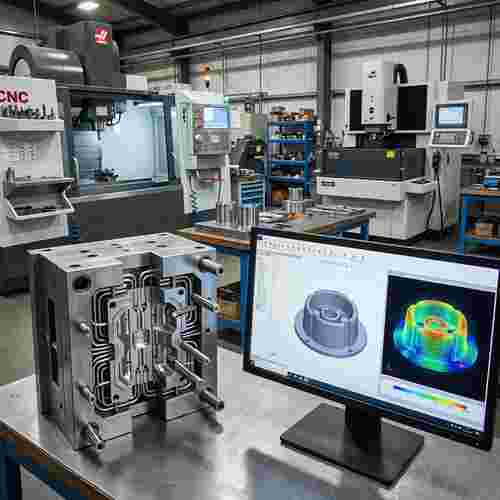 Spritzgießform im Schnitt mit Kavitäten, Kernen und Kühlkanälen, daneben CAD-Arbeitsstation 3D-Modell.