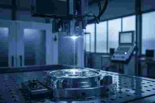 Fotorealistische Draht-WEDM-Bearbeitungszelle; Nahaufnahme Draht-Entladung an Stahl-Titan, blau.