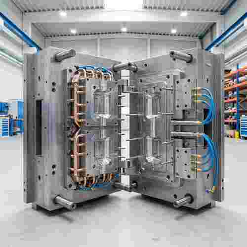 Spritzgießwerkzeug in moderner Werkstatt mit Kavitäten, Kerne, Läufen, Kühlkanälen, Auswerfer.