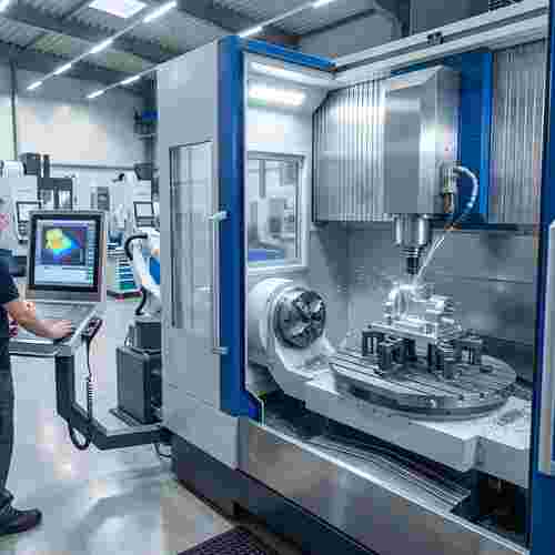 5-Achs-CNC-Fräszelle: gespanntes Metallbauteil, Spindel fräst; CAM-Visualisierung, helle Fertigung.