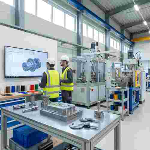 Quadratisches fotorealistisches Bild einer modernen Extrusionswerkstatt mit Ingenieuren am CAD-Bildschirm