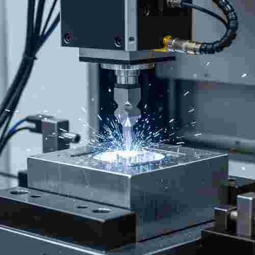 Nahaufnahme eines modernen EDM-Setups in einer Metallwerkstatt, Elektrode und Form, Funken.