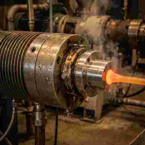 Nahaufnahme eines industriellen Extrusionssystems mit glühender Düse und geschmolzenem Material