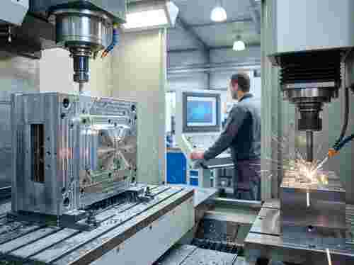 Präzisionsformenbau: Stahl-/Aluminiumform auf CNC-Fräse mit EDM, Kühlmittel und Späne.