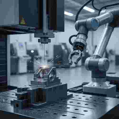 Drahterodiermaschine beim Wire-EDM in Automobil- und Maschinenbau-Fertigung mit Kühlmittel und Funken