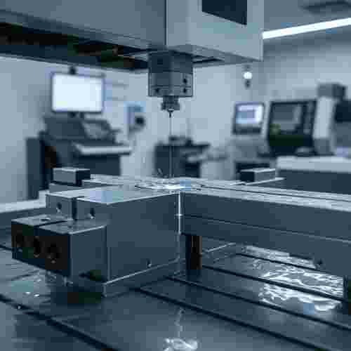 Nahaufnahme einer modernen Draht-EDM-Bearbeitungszelle in einer Metallwerkstatt.