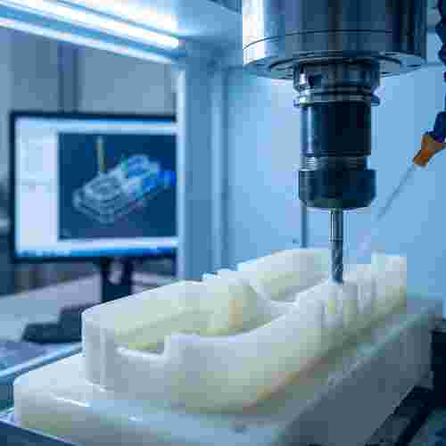 Quadratisches Bild einer 3–5-Achs-CNC-Fräse; präzise Werkzeugbahnen, geringe Verzerrung.