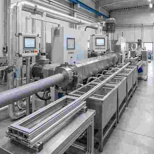 Fotorealistische quadratische Darstellung einer modernen Extrusionsanlage mit Profilen