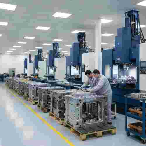 Hochpräzise Spritzgießwerkstatt: große Formen, Pressen, CNC-Maschinen; Techniker prüfen Toleranzen.
