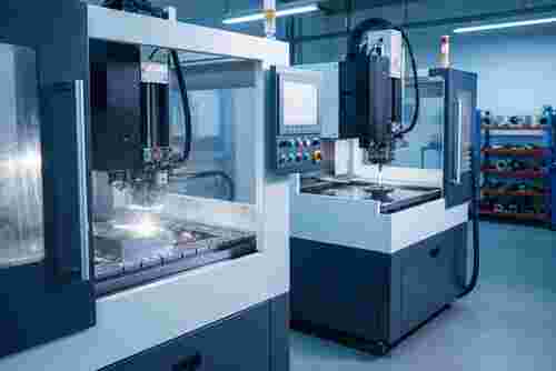 Fotorealistische EDM-Werkstatt: Draht-EDM schneidet Metall Funken Präzisionsmaschinen Beleuchtung