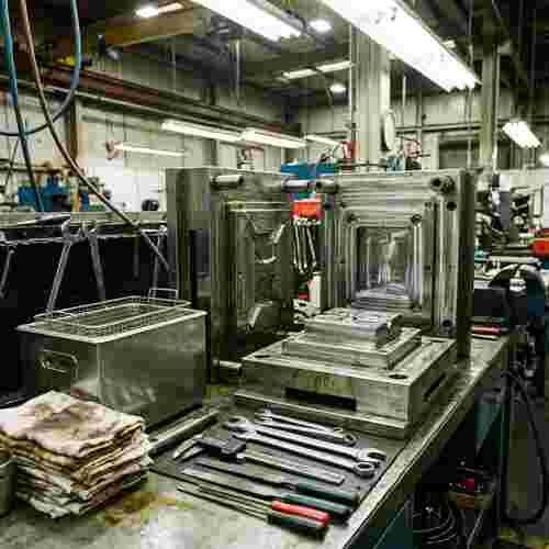 Moderne Spritzgießwerkzeug-Pflege: polierte Form auf Werkbank, Ultraschallreiniger und Tücher.