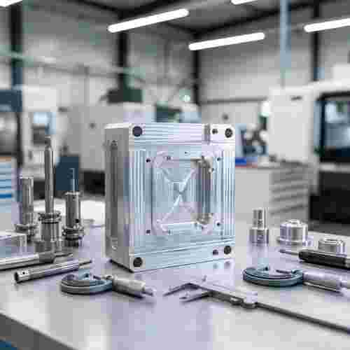 Nahaufnahme eines Aluminiumeinsatzes in moderner Werkstatt mit Messinstrumenten.