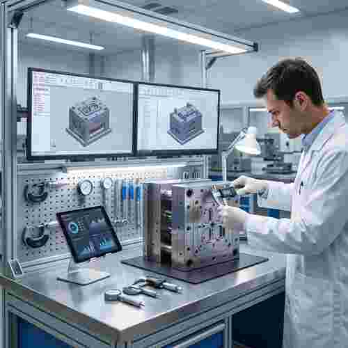 Techniker inspiziert offenes Form-Werkzeug an sauberer Metall-Arbeitsbank; CAD-Modelle auf Monitoren.