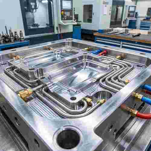 Nahaufnahme einer Stahl- oder Aluminium-Spritzgussform mit polierten Oberflächen und Kühlkanälen