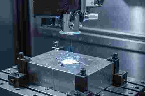 Quadratisches, fotorealistisches Bild eines Draht-EDM-Prozesses mit Funken und filigranen Konturen.