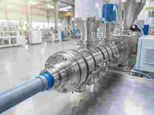 Nahaufnahme eines modularen Extrusionskopfs in industrieller Umgebung, präzise und langlebig.