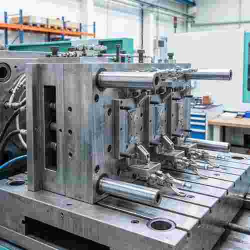 Modernes Spritzgießwerkzeug mit Führungssäulen, Klemmen und Bauteilen in der Formbasis.