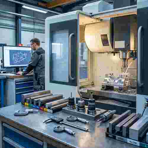 CNC-Fräsen in moderner Werkstatt: Metallteil, Späne, Kühlmittel; Techniker prüft CAD, Messwerkzeuge.