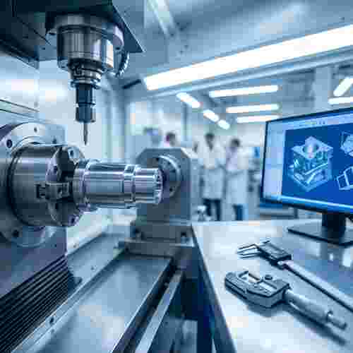 Präzisionsform aus Stahl in CNC-Fräse, Messwerkzeuge, CAD-Bildschirme ohne Text, ruhige Beleuchtung.