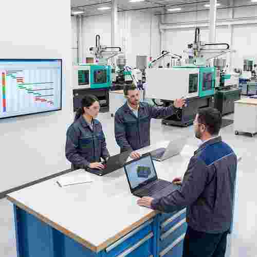 Ingenieure am sauberen Arbeitstisch mit CAD-Laptops, Zeitplan-Displays und Roboterarme.