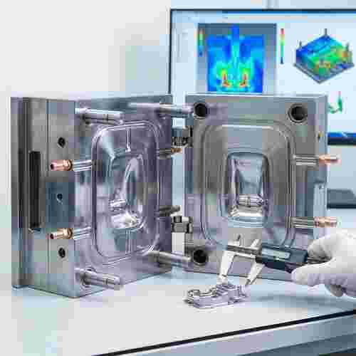 Nahaufnahme eines Spritzgießwerkzeugs: Messschieber, Monitor mit Moldflow-Visual