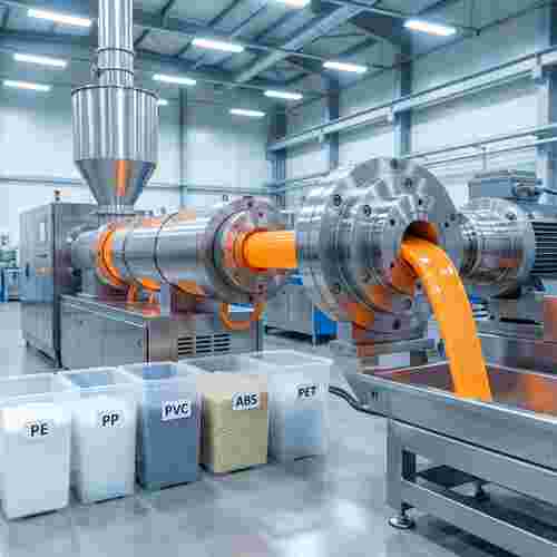 Nahaufnahme einer modernen Kunststoff-Extrusionslinie: Extruder, Pelletsbehälter, glänzende Anlage.