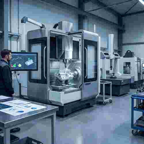 5-Achs-Fräszelle; Techniker prüft Toleranzplan am Monitor, CMM im Hintergrund, abstrakte QA-Grafiken.