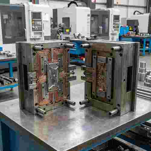 Zwei-Hälften-Spritzgusswerkzeug mit Form- und Ejektorseite, sichtbare Kühlkanäle, Slider eingefahren