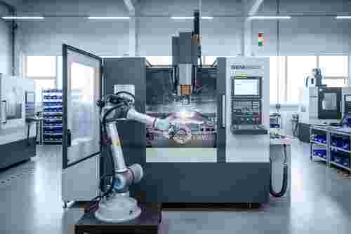 Moderne Vertragsfertigung: Wire-EDM schneidet Metallbauteil, Funken, Kühlnebel.