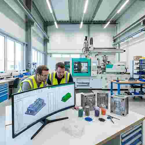 Quadratische fotorealistische Szene moderner Spritzgießwerkstatt mit Ingenieuren, CAD-Bildschirmen.