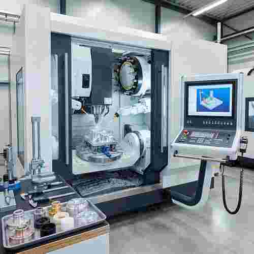 Fotorealistische CNC-Fräszelle in sauberer Fabrik; Mehrachsenbetrieb, Späne, Kühlmittel.