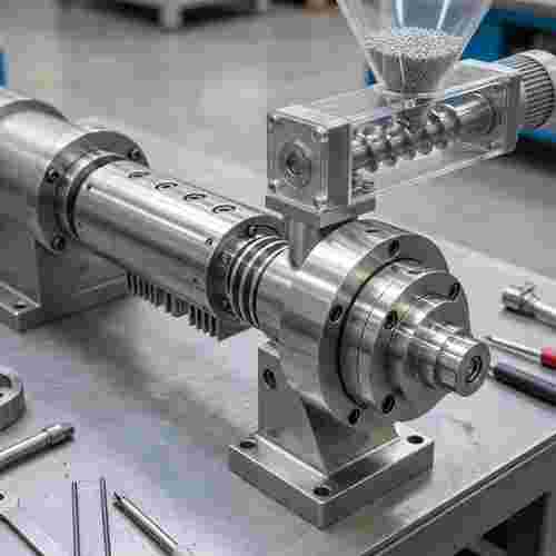 Quadratisches fotorealistisches Bild eines Kunststoff-Extrusionswerkzeugs mit Düse und Zuführung.