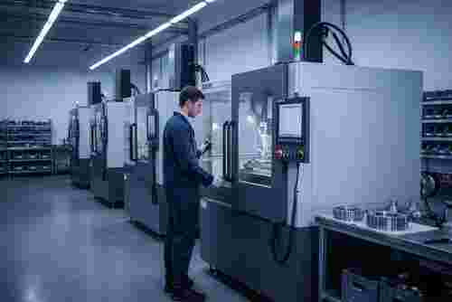 Techniker überwacht Draht-Erodiermaschine in moderner Fertigungshalle