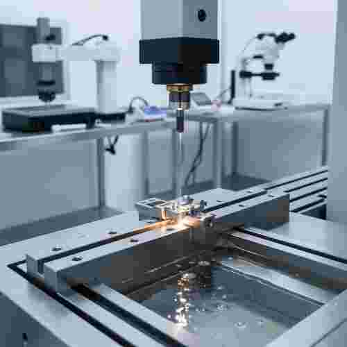 Quadratisches, fotorealistisches Draht-EDM-Bild eines hochpräzisen Metallbauteils im Reinraum.