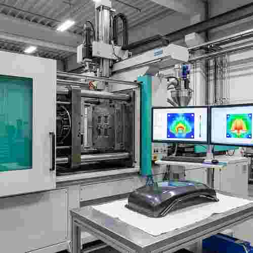 Injektionsform-Workflow: Präzisionsform in Maschine, CAD/CAM-Displays mit Fließsimulationen
