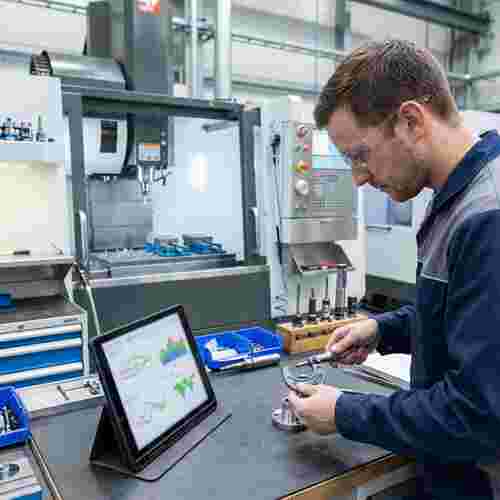 Mikrometer misst Metallteil neben Tablet mit Diagrammen; CNC-Fräse im hellen Werkstattumfeld